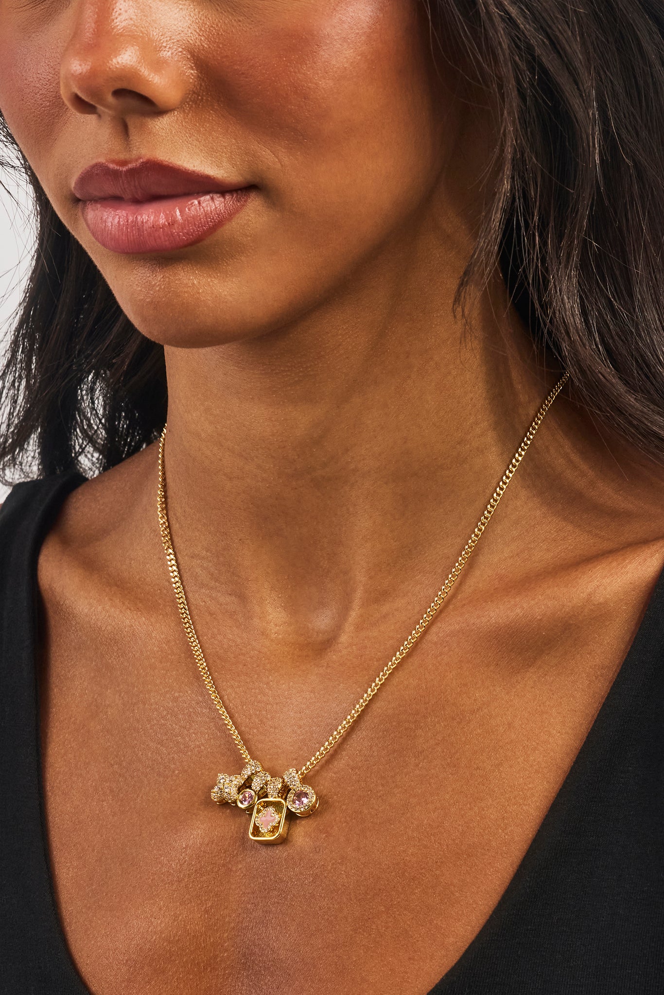 Multi Motif Pendant & Stone Pendant Necklace - 10mm - Gold
